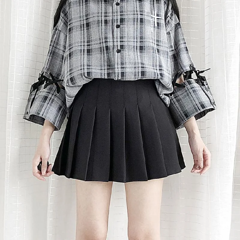 Japanese Solid Pleated College Style Mini Skirt J40230 button skirt front