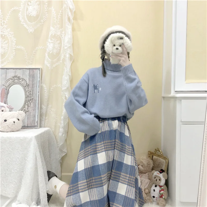 Japanese Style Tweed Soft Girl Plaid Thickened Suede Versatile Long Skirt Longuette leather skirt sleek