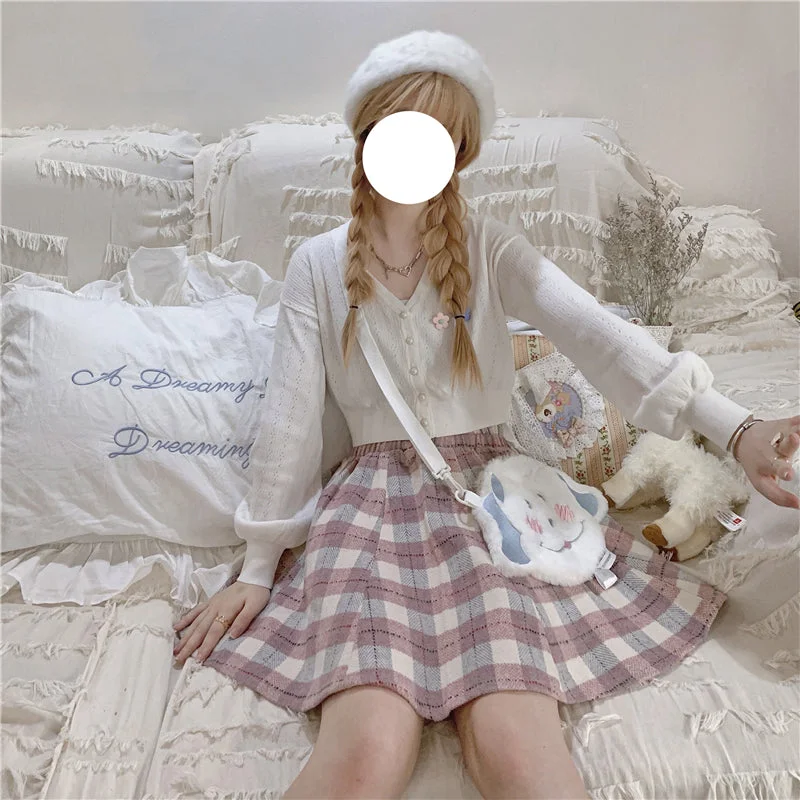 Japanese Style Tweed Soft Girl Plaid Versatile Girl Thickened Suede Skirt button skirt front