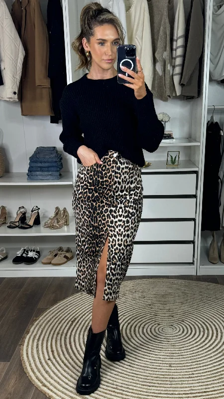 Kirbie Beige & Black Leopard Print Denim Midi Skirt seamless skirt comfort