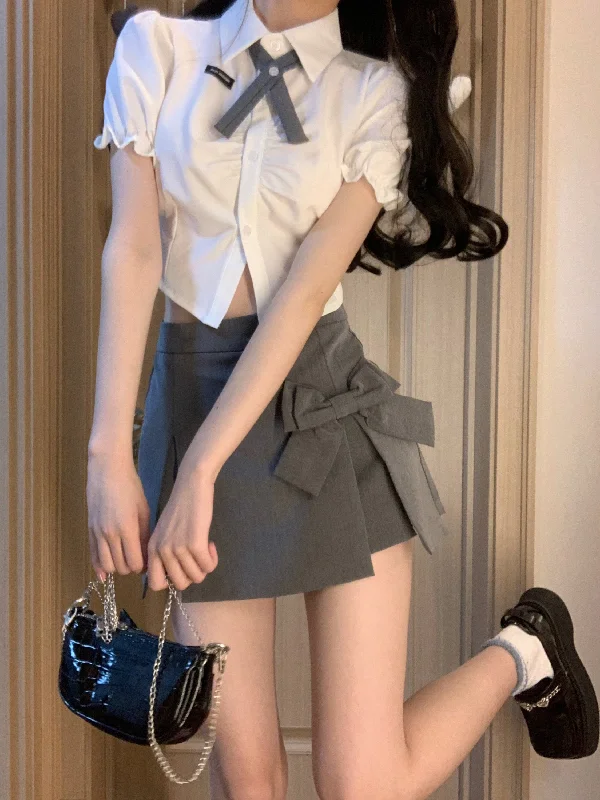 Kumi Solid Color White Bow Necktie Short Sleeve Button Up Cropped Shirt + High Waist Faux Side Slit High Waist Boe Patchwork Mini Skirt Matching Set wool skirt breathable