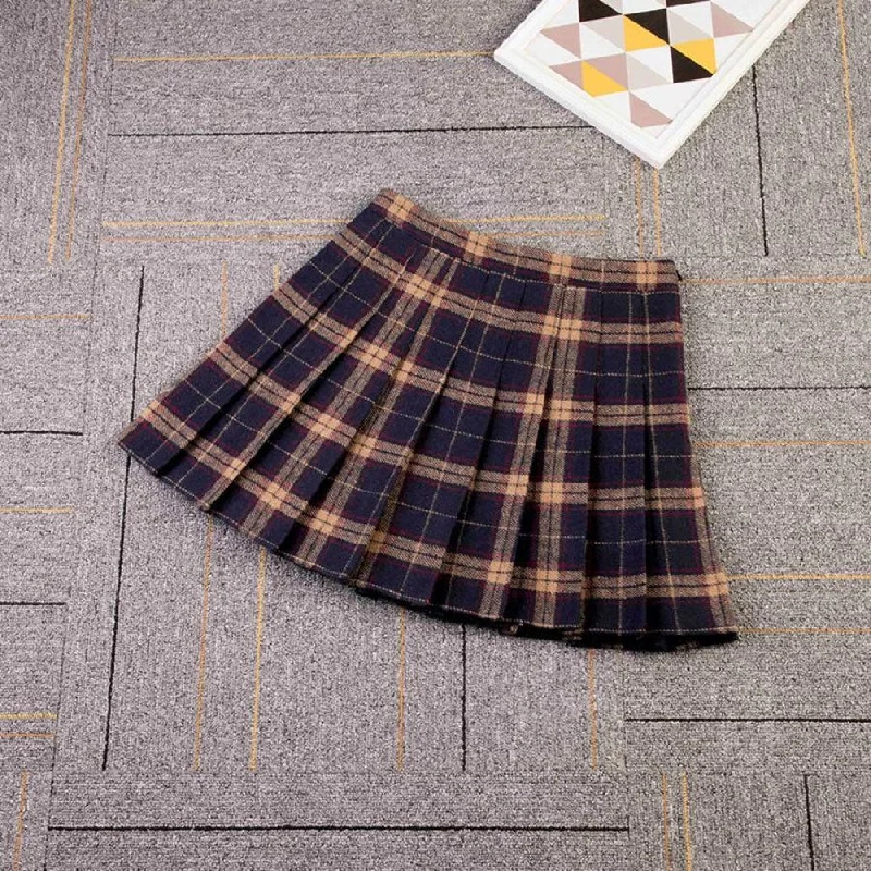 Plaid Uniform A-line Hight Waist Pleated Skirt linen skirt natural