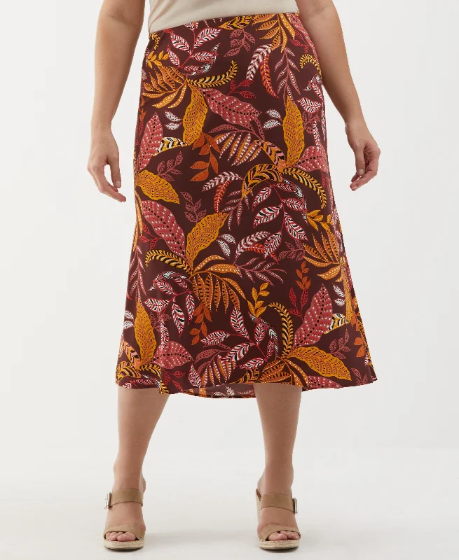 Plus Size Leaf Print Shine Midi Bias Skirt lace skirt elegant