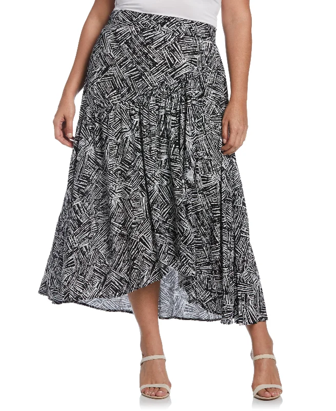 Plus Size Printed Crepe Faux Wrap Skirt linen skirt relaxed