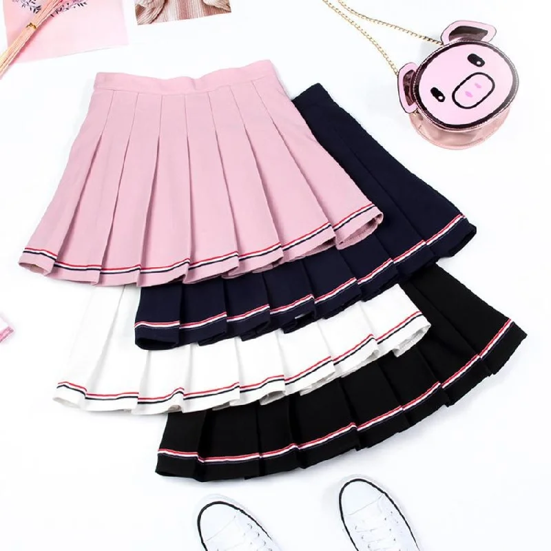 Pure Color Uniform A-line Hight Waist Pleated Skirt leather skirt sleek