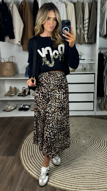 Raquel Black & Beige Leopard Print Pleated Midi Skirt corduroy skirt comfortable