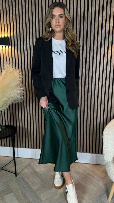 Raquel Forest Green Satin Slip Skirt tiered skirt playful