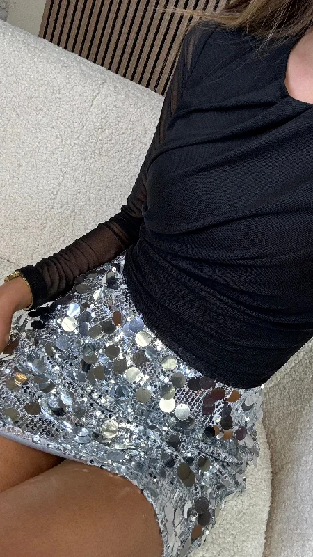 Shaina Silver Sequin Disc Mini Skirt lace skirt romantic