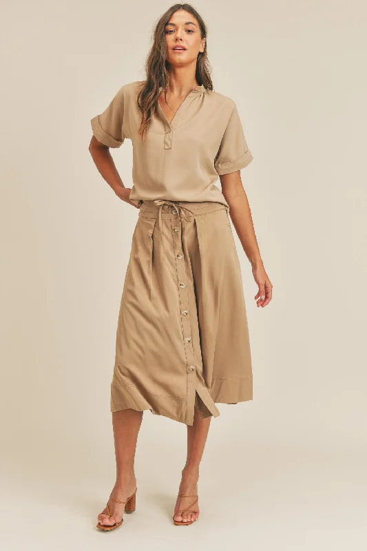 Short Sleeve Top and Button Down Midi Skirt Set high waist skirt
