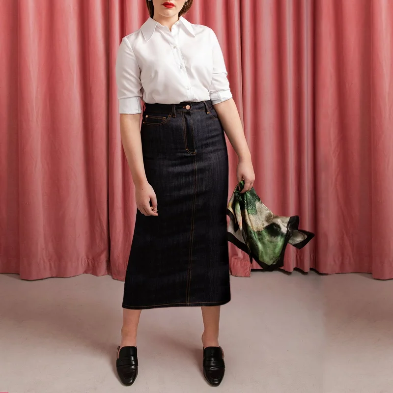 Midi Denim Skirt Blue & Tabacco Stitch high slit skirt