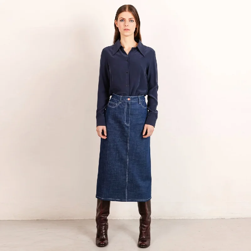 Midi Denim Skirt White Stitching Mid Blue silk skirt lustrous