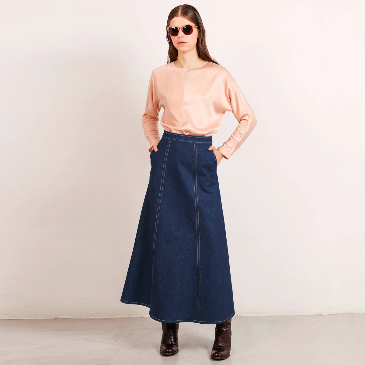 Flow Denim Skirt Mid Blue silk skirt lustrous
