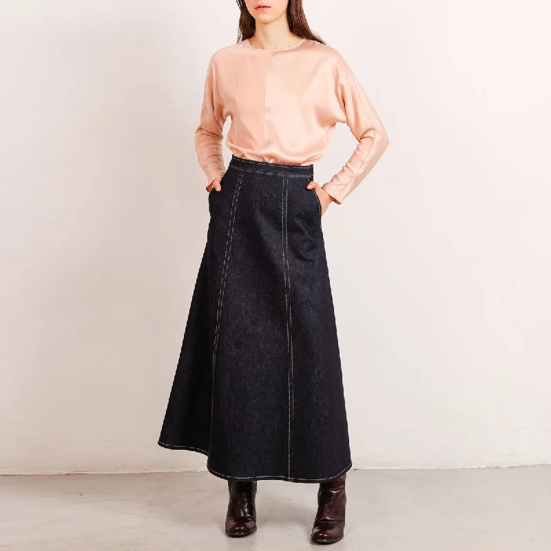 Flow A-Line Denim Skirt Raw Denim lace skirt intricate