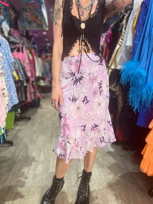Vintage Y2K Purple Floral Ruffle Midi Skirt belted skirt waist