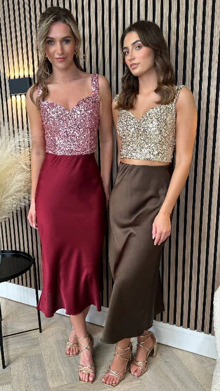 Yaella Burgundy Satin Slip Skirt boho skirt vibe