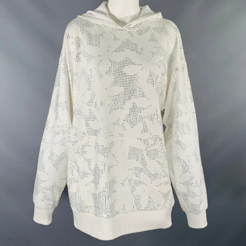 DAVID KOMA Size S White Silver Cotton Floral Rhinestone Hooded Sweater