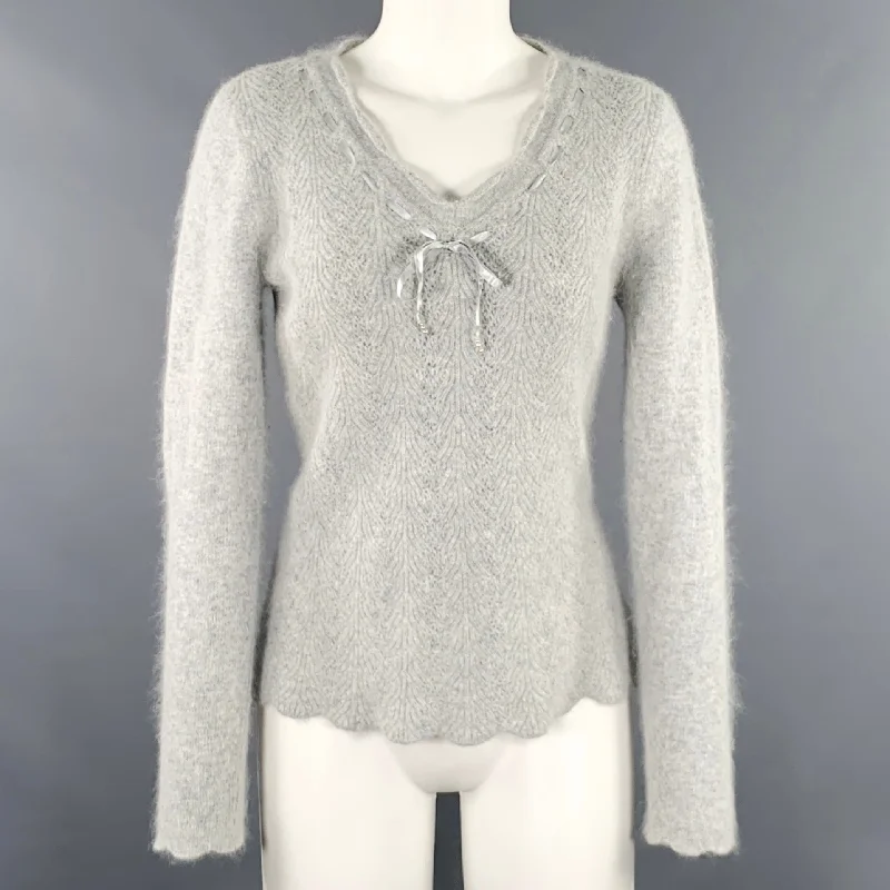 LUCY & LAUREL Size M Grey Nylon Blend Ribbon Trim V-Neck Sweater