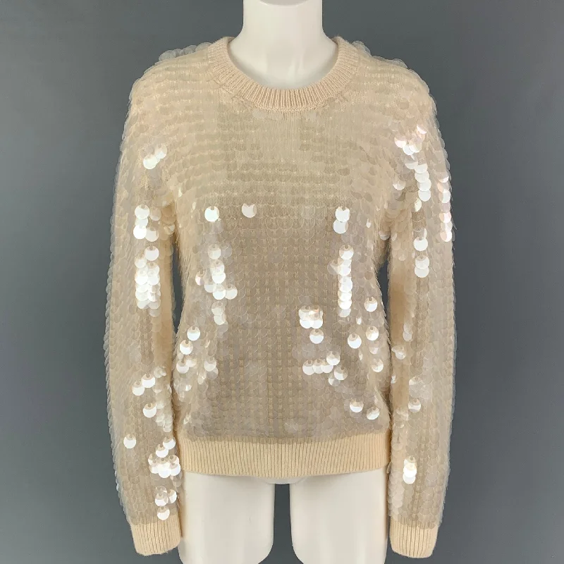 MARC JACOBS Size S Beige Transparent Wool Payettes Crew-Neck Sweater