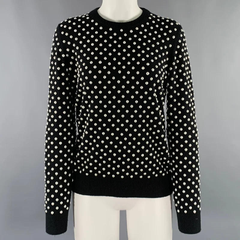 MICHAEL KORS Size M Black White Cashmere Pearls Crew Neck Sweater