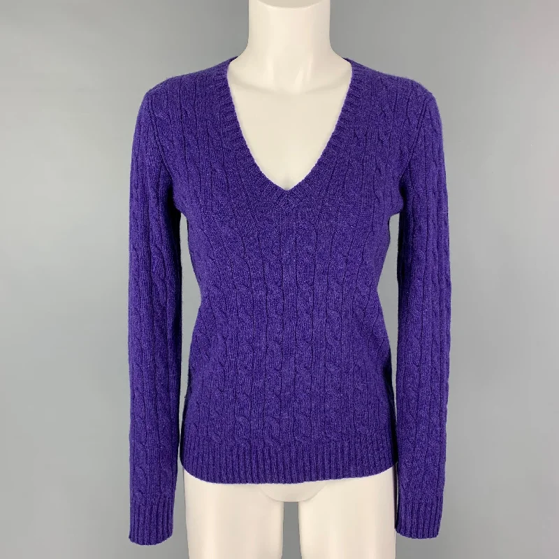 POLO by RALPH LAUREN Size M Purple Cashmere Cable Knit V-Neck Sweater