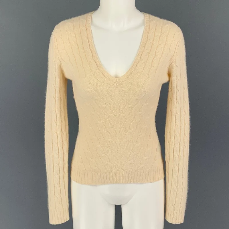 RALPH LAUREN Black Label Size M Cream Cashmere Cable Knit V-Neck Sweater