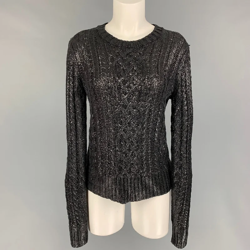 RALPH LAUREN Collection Size M Black Silk Cable Knit Crew-Neck Sweater