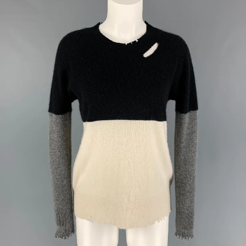 RtA Size S Black Grey White Cashmere Color Block Distressed Sweater