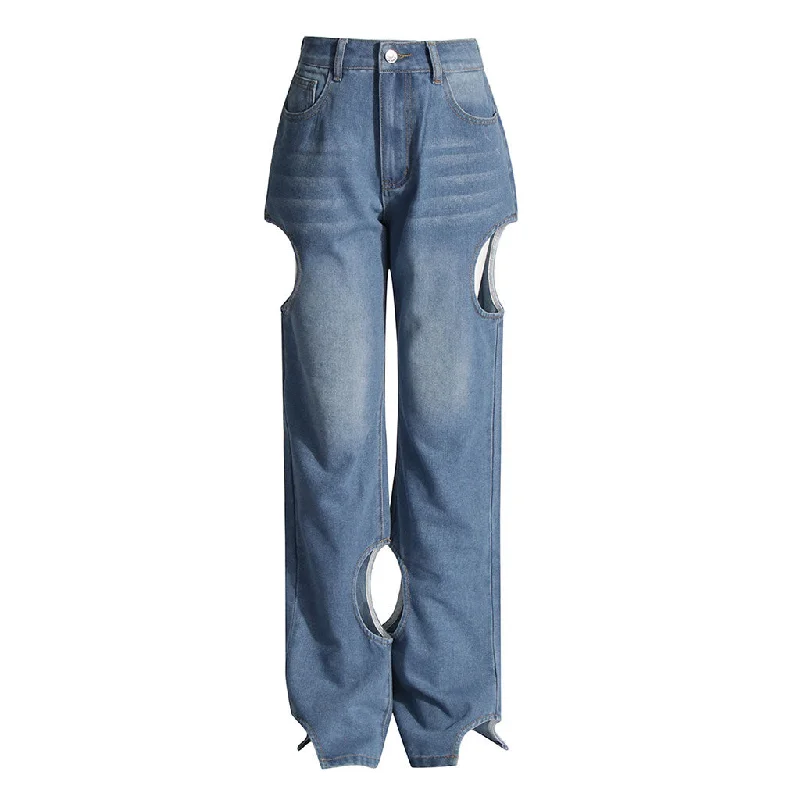 Asymmetric Cut Out Whisker High Waist Straight Leg Washed Denim Jeans