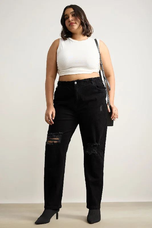 Curve Ebony Elasticated Distress Mom Jeans