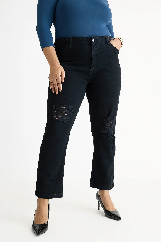 Curve Black Elasticated Distress Mom Jeans