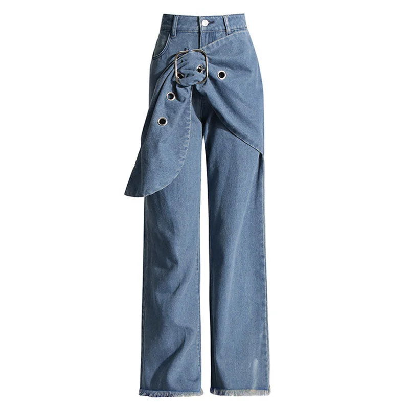 Offbeat High Waist Big Buckle Belt Grommet Frayed Wide Leg Denim Jeans