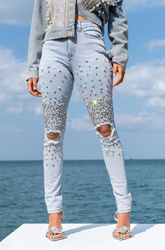 OUTTA THIS WORLD DISTRESSED RHINESTONE HIGH RISE SKINNY JEANS