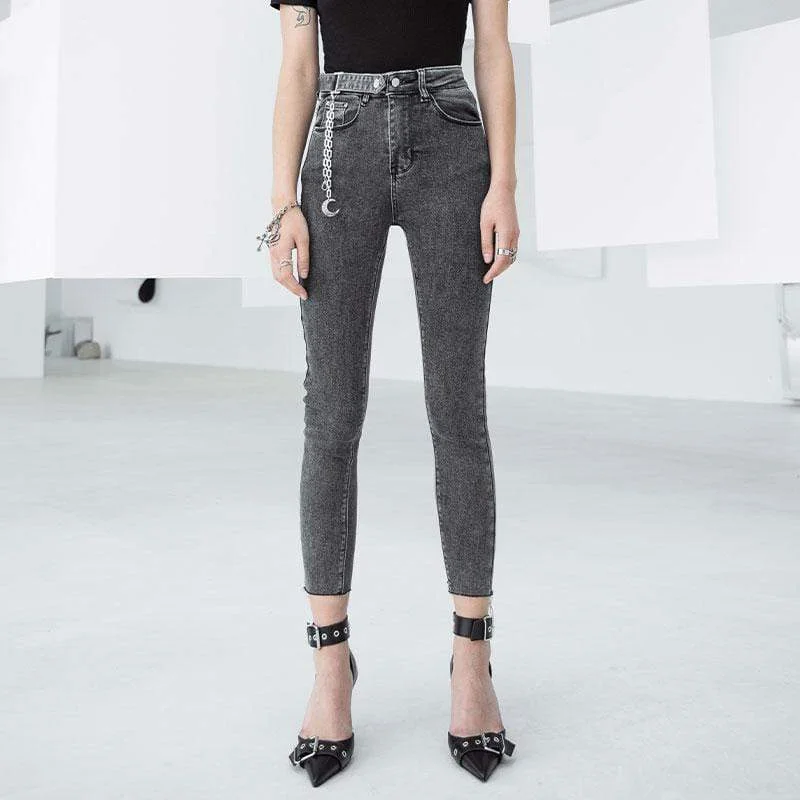 Women's Grunge Ripped Grey Skinny Jeans with Moon Chain