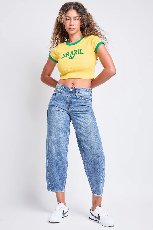 Women's Baggy Cropped Frayed Barrel Jeans